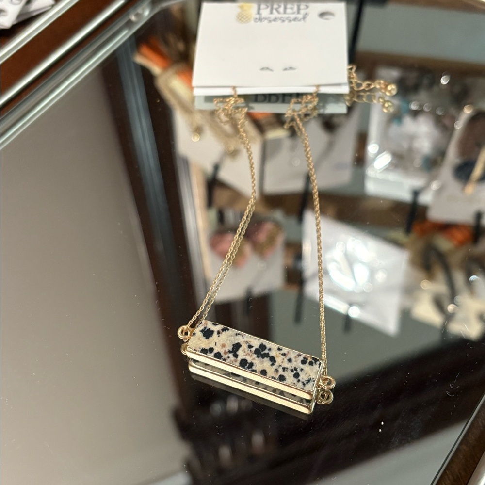 Spotted Stone Bar Necklace with Gold Chain
